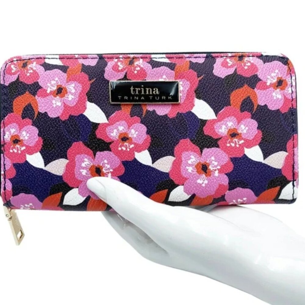 Trina Turk Pink Black Navy Floral Printed Long Zip around Wallet in Box Luxury